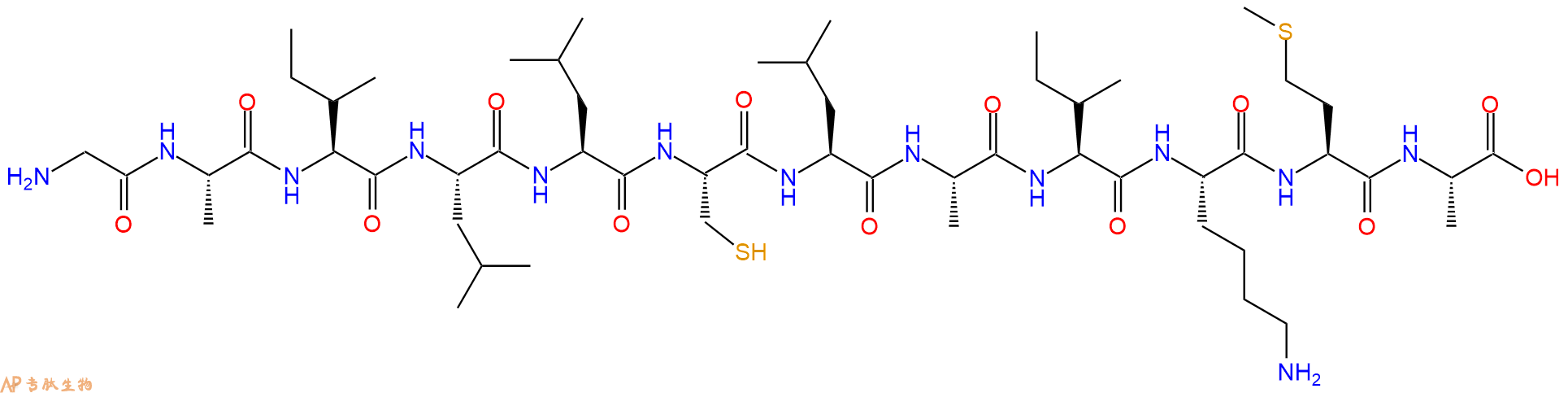 专肽生物产品H2N-Gly-Ala-Ile-Leu-Leu-Cys-Leu-Ala-Ile-Lys-Met-Ala-OH