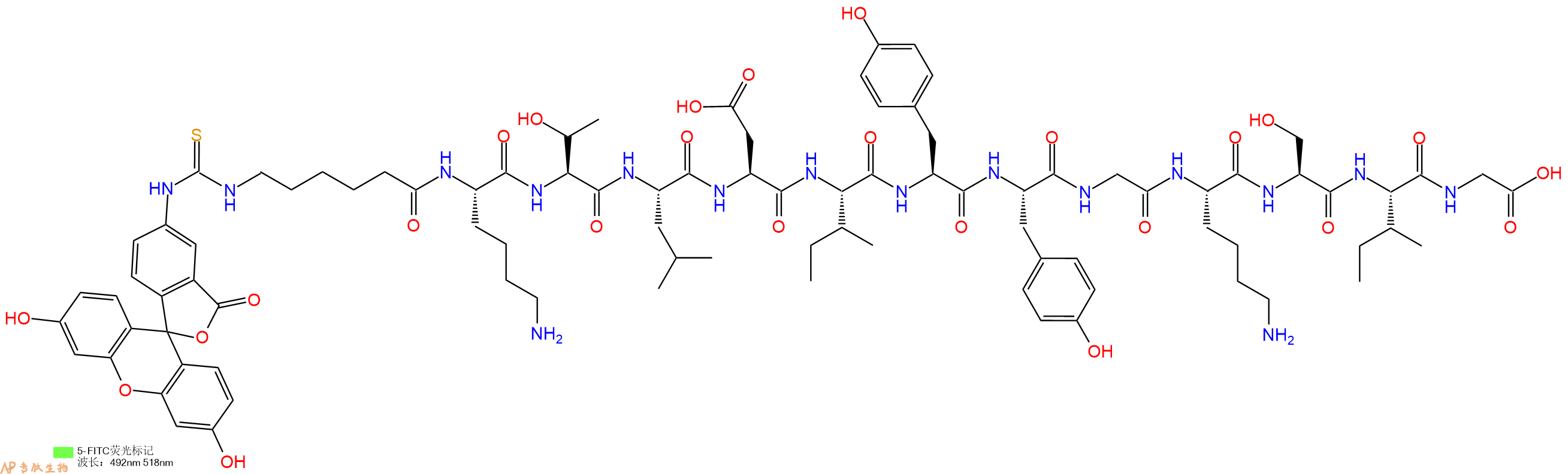 专肽生物产品5FITC-Ahx-Lys-Thr-Leu-Asp-Ile-Tyr-Tyr-Gly-Lys-Ser-Ile-Gly-OH