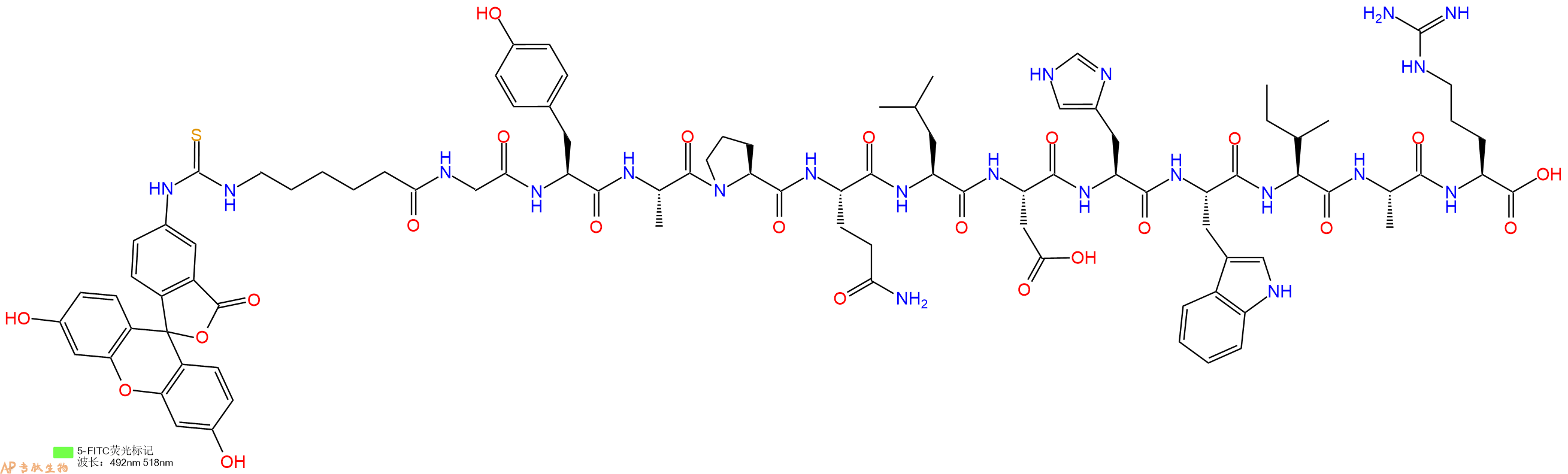 专肽生物产品5FITC-Ahx-Gly-Tyr-Ala-Pro-Gln-Leu-Asp-His-Trp-Ile-Ala-Arg-OH