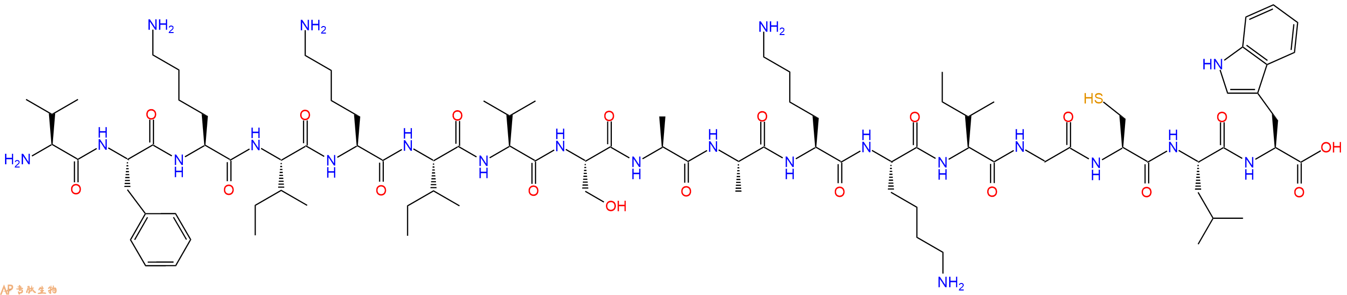 专肽生物产品H2N-Val-Phe-Lys-Ile-Lys-Ile-Val-Ser-Ala-Ala-Lys-Lys-Ile-Gly-Cys-Leu-Trp-OH