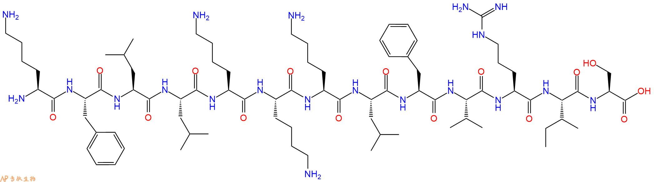 专肽生物产品H2N-Lys-Phe-Leu-Leu-Lys-Lys-Lys-Leu-Phe-Val-Arg-Ile-Ser-OH