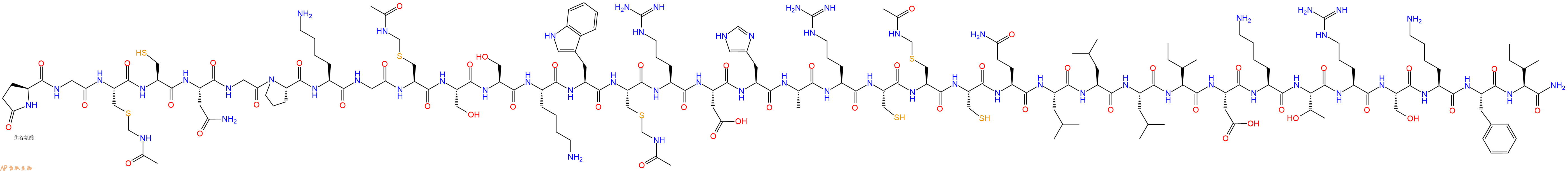 专肽生物产品Pyr-Gly-Cys(Acm)-Cys-Asn-Gly-Pro-Lys-Gly-Cys(Acm)-Ser-Ser-Lys-Trp-Cys(Acm)-Arg-Asp-His-Ala-Arg-Cys-Cys(Acm)-Cys-Gln-Leu-Leu-Leu-Ile-Asp-Lys-Thr-Arg-Ser-Lys-Phe-Ile-CONH2