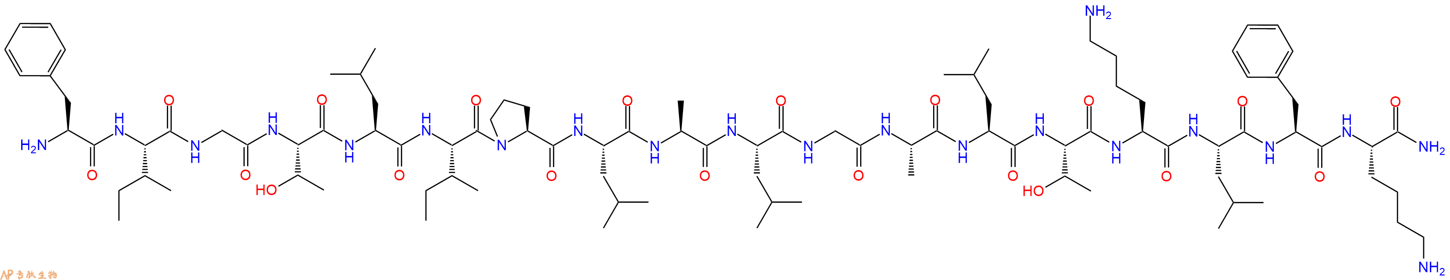专肽生物产品H2N-Phe-Ile-Gly-Thr-Leu-Ile-Pro-Leu-Ala-Leu-Gly-Ala-Leu-Thr-Lys-Leu-Phe-Lys-CONH2