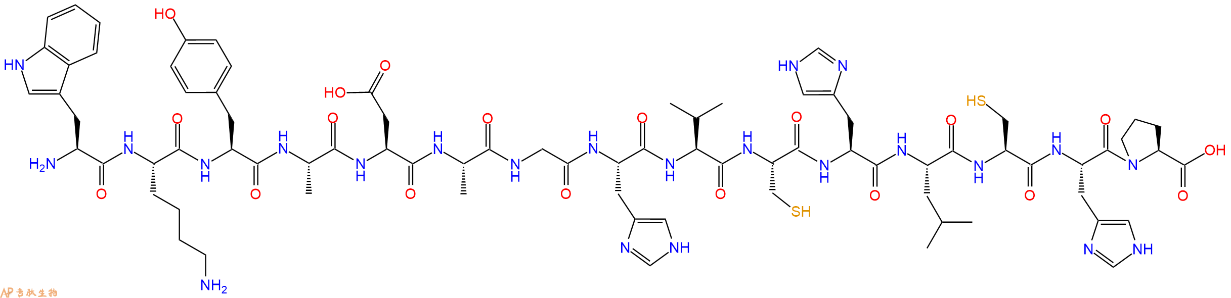 专肽生物产品H2N-Trp-Lys-Tyr-Ala-Asp-Ala-Gly-His-Val-Cys-His-Leu-Cys-His-Pro-OH