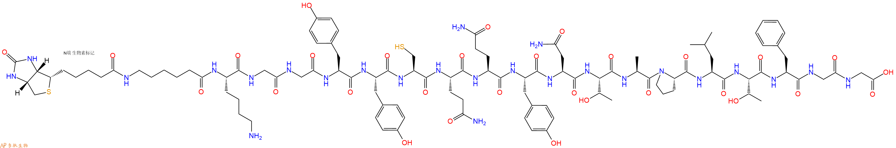 专肽生物产品Biotinyl-Ahx-Lys-Gly-Gly-Tyr-Tyr-Cys-Gln-Gln-Tyr-Asn-Thr-Ala-Pro-Leu-Thr-Phe-Gly-Gly-OH