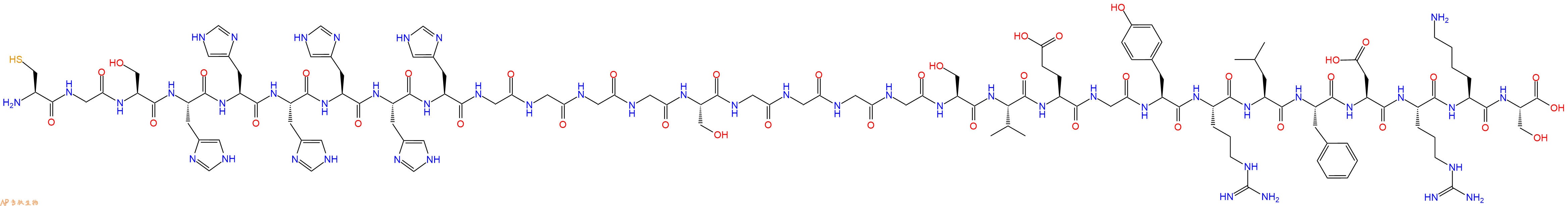 专肽生物产品H2N-Cys-Gly-Ser-His-His-His-His-His-His-Gly-Gly-Gly-Gly-Ser-Gly-Gly-Gly-Gly-Ser-Val-Glu-Gly-Tyr-Arg-Leu-Phe-Asp-Arg-Lys-Ser-OH