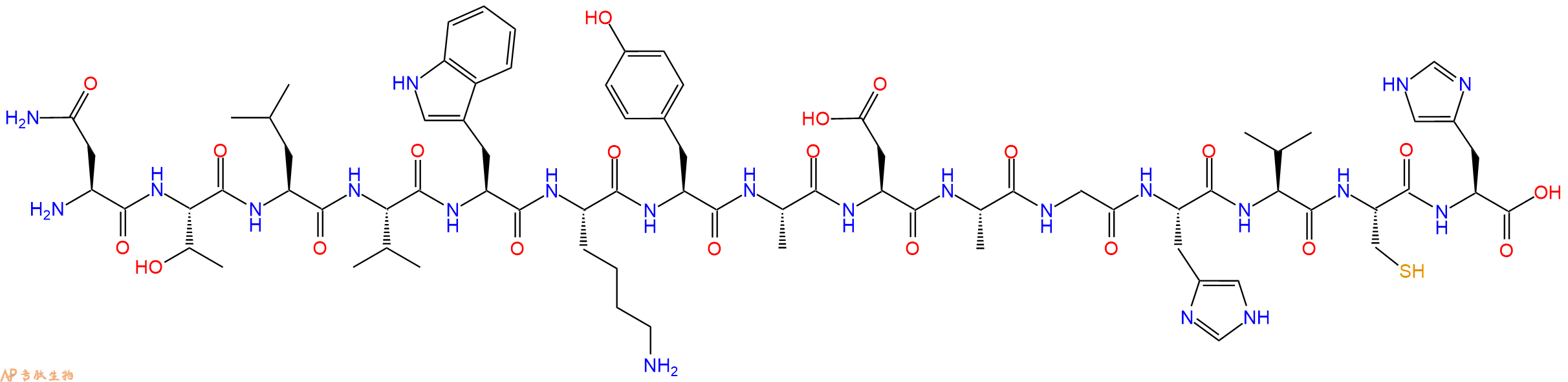 专肽生物产品H2N-Asn-Thr-Leu-Val-Trp-Lys-Tyr-Ala-Asp-Ala-Gly-His-Val-Cys-His-OH