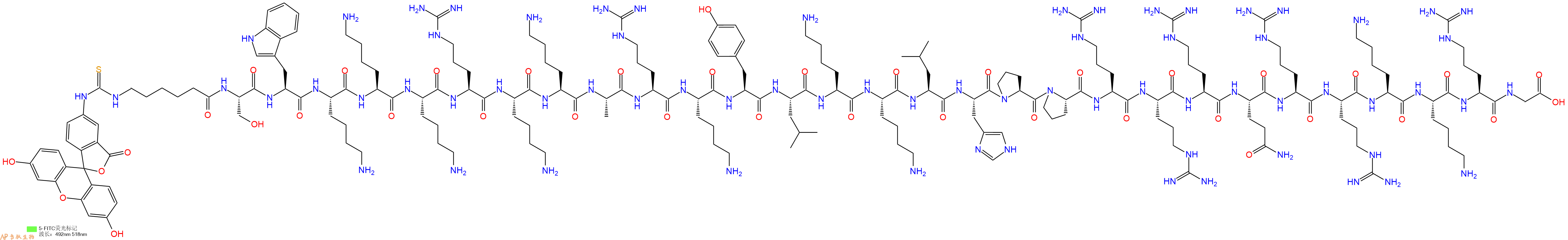 专肽生物产品5FITC-Ahx-Ser-Trp-Lys-Lys-Lys-Arg-Lys-Lys-Ala-Arg-Lys-Tyr-Leu-Lys-Lys-Leu-His-Pro-Pro-Arg-Arg-Arg-Gln-Arg-Arg-Lys-Lys-Arg-Gly-OH