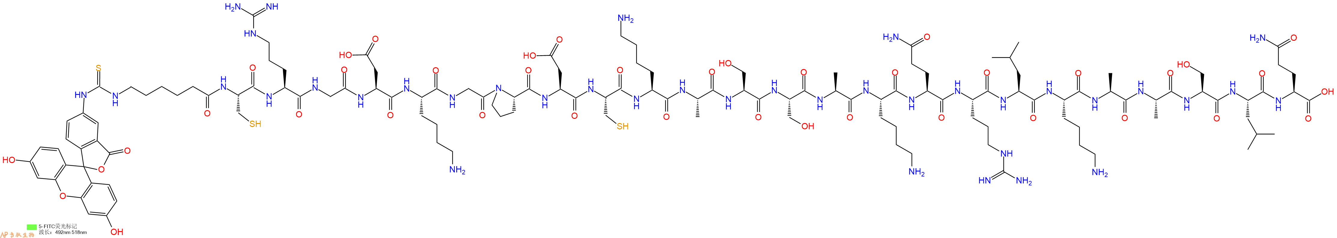 专肽生物产品5FITC-Ahx-Cys-Arg-Gly-Asp-Lys-Gly-Pro-Asp-Cys-Lys-Ala-Ser-Ser-Ala-Lys-Gln-Arg-Leu-Lys-Ala-Ala-Ser-Leu-Gln-OH