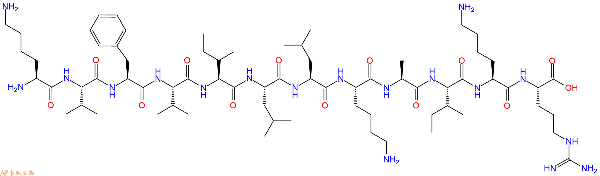 专肽生物产品H2N-Lys-Val-Phe-Val-Ile-Leu-Leu-Lys-Ala-Ile-Lys-Arg-OH