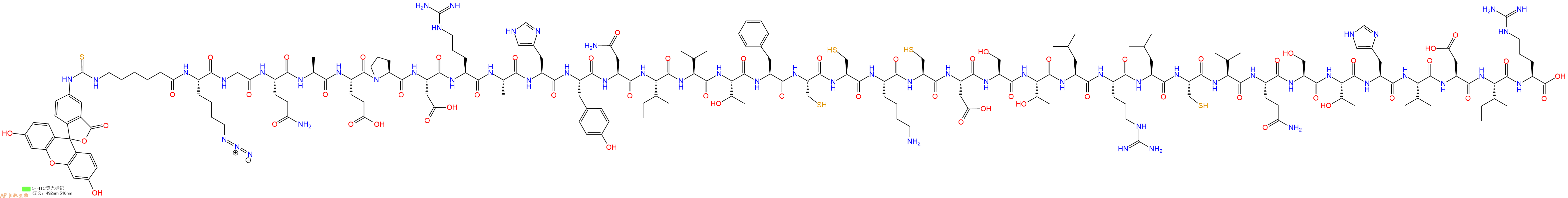 专肽生物产品5FITC-Ahx-Lys(N3)-Gly-Gln-Ala-Glu-Pro-Asp-Arg-Ala-His-Tyr-Asn-Ile-Val-Thr-Phe-Cys-Cys-Lys-Cys-Asp-Ser-Thr-Leu-Arg-Leu-Cys-Val-Gln-Ser-Thr-His-Val-Asp-Ile-Arg-OH