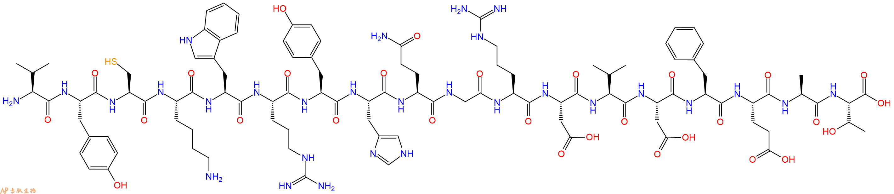 专肽生物产品H2N-Val-Tyr-Cys-Lys-Trp-Arg-Tyr-His-Gln-Gly-Arg-Asp-Val-Asp-Phe-Glu-Ala-Thr-OH