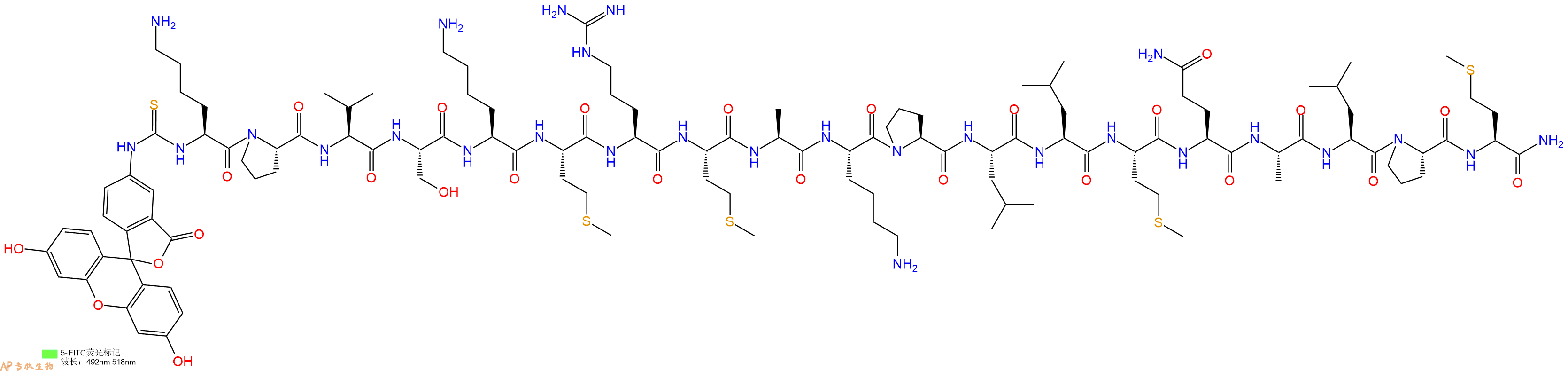 专肽生物产品5FITC-Lys-Pro-Val-Ser-Lys-Met-Arg-Met-Ala-Lys-Pro-Leu-Leu-Met-Gln-Ala-Leu-Pro-Met-CONH2