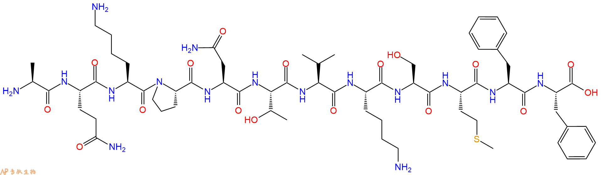 专肽生物产品H2N-Ala-Gln-Lys-Pro-Asn-Thr-Val-Lys-Ser-Met-Phe-Phe-OH
