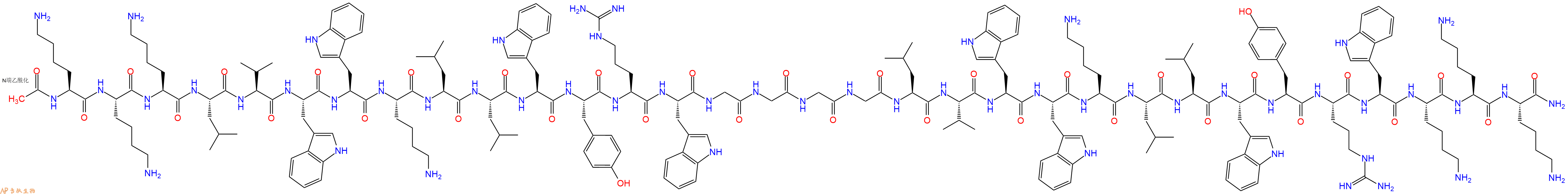 专肽生物产品Ac-Lys-Lys-Lys-Leu-Val-Trp-Trp-Lys-Leu-Leu-Trp-Tyr-Arg-Trp-Gly-Gly-Gly-Gly-Leu-Val-Trp-Trp-Lys-Leu-Leu-Trp-Tyr-Arg-Trp-Lys-Lys-Lys-CONH2