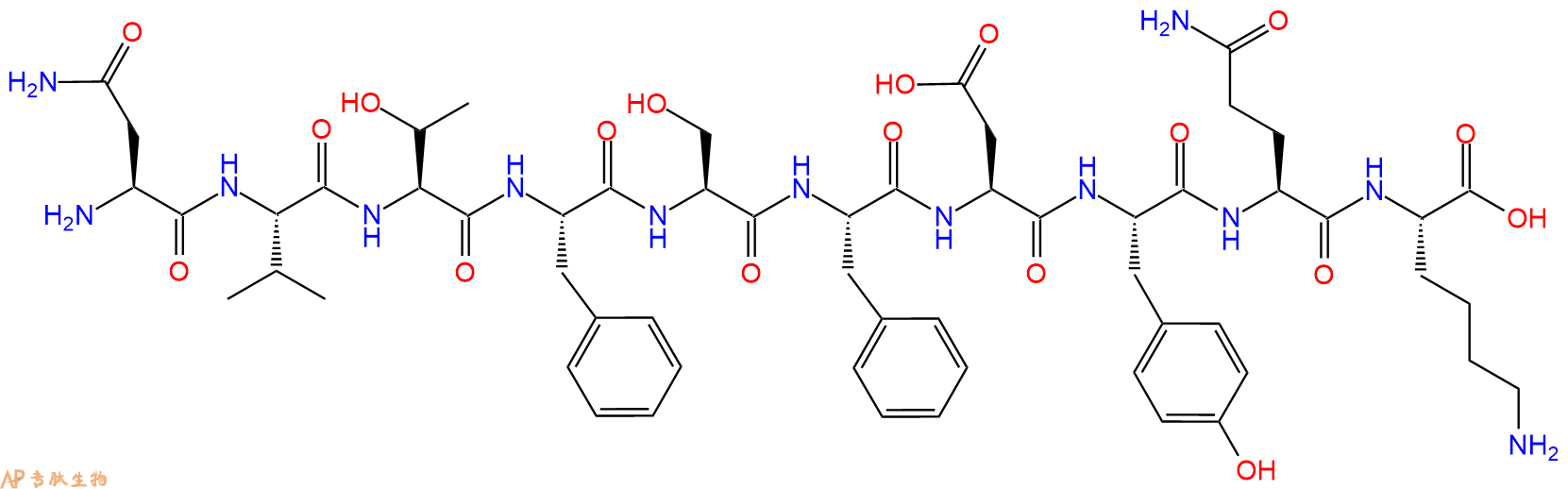 专肽生物产品H2N-Asn-Val-Thr-Phe-Ser-Phe-Asp-Tyr-Gln-Lys-OH
