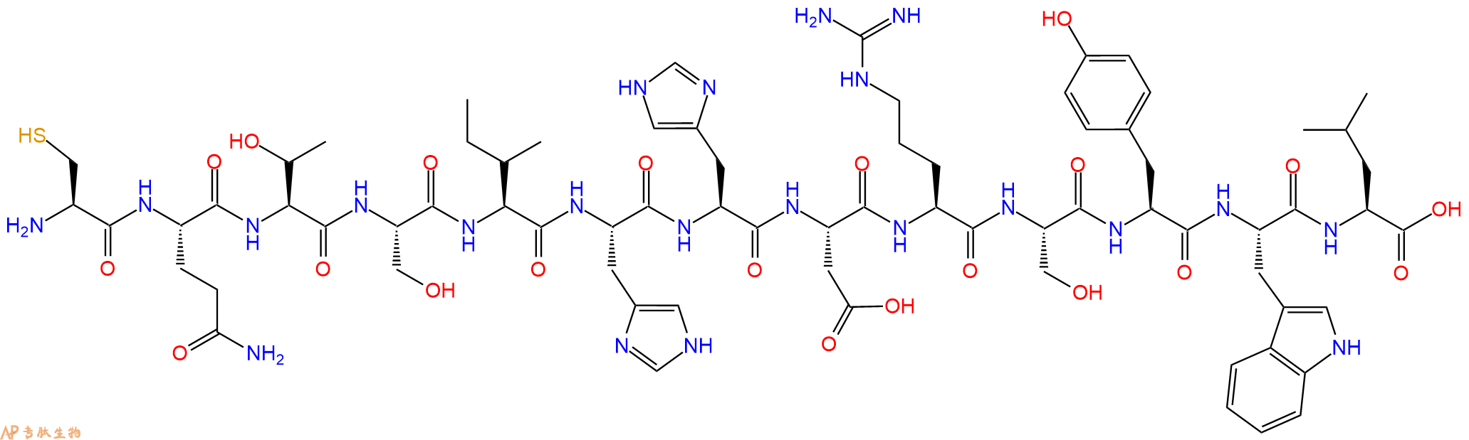 专肽生物产品H2N-Cys-Gln-Thr-Ser-Ile-His-His-Asp-Arg-Ser-Tyr-Trp-Leu-OH