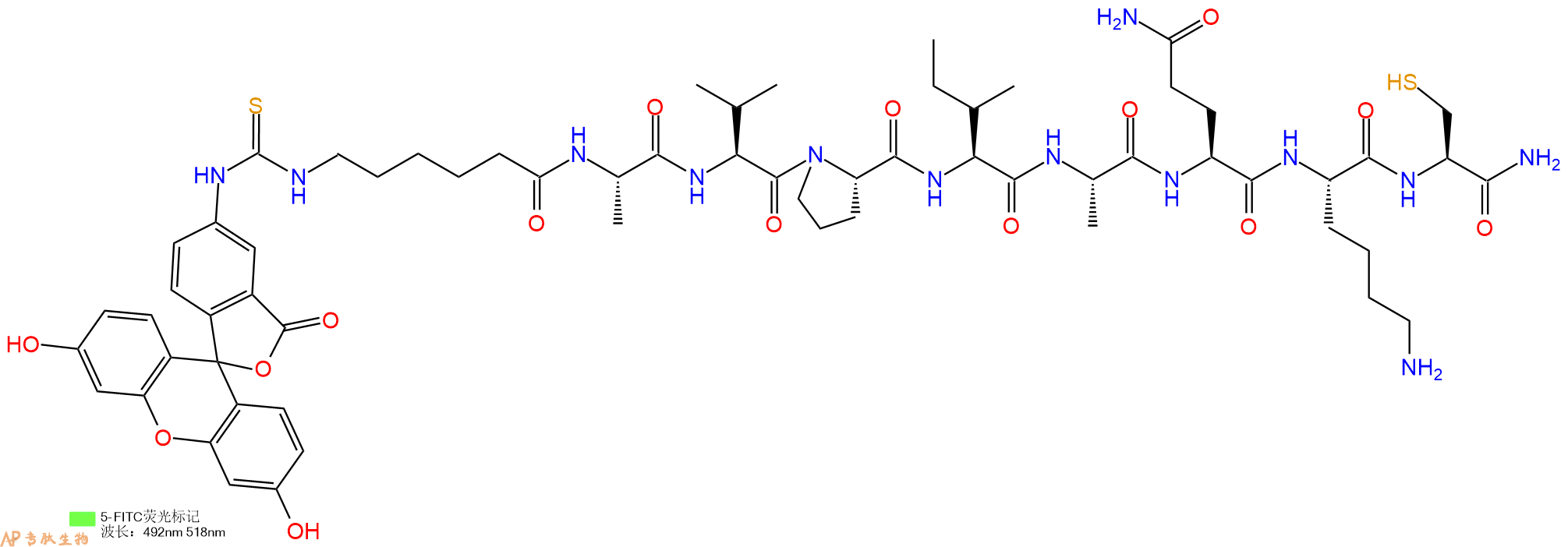 专肽生物产品5FITC-Ahx-Ala-Val-Pro-Ile-Ala-Gln-Lys-Cys-CONH2