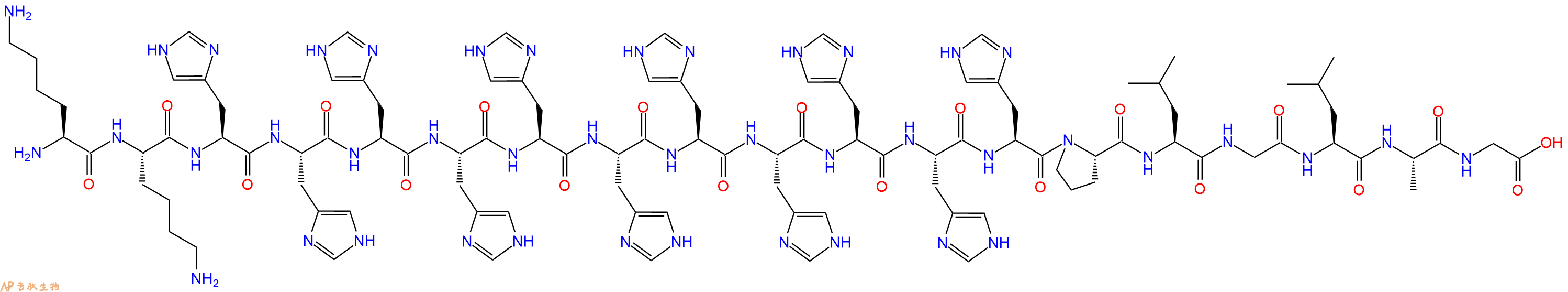 专肽生物产品H2N-Lys-Lys-His-His-His-His-His-His-His-His-His-His-His-Pro-Leu-Gly-Leu-Ala-Gly-OH