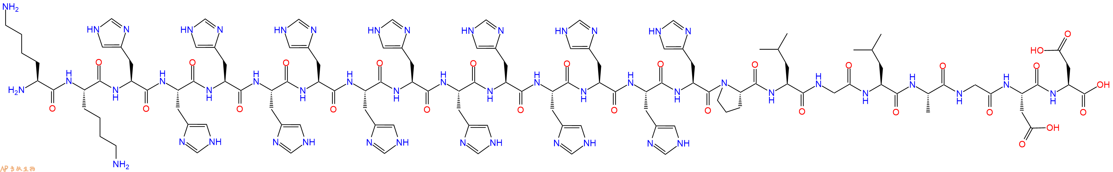 专肽生物产品H2N-Lys-Lys-His-His-His-His-His-His-His-His-His-His-His-His-His-Pro-Leu-Gly-Leu-Ala-Gly-Asp-Asp-OH