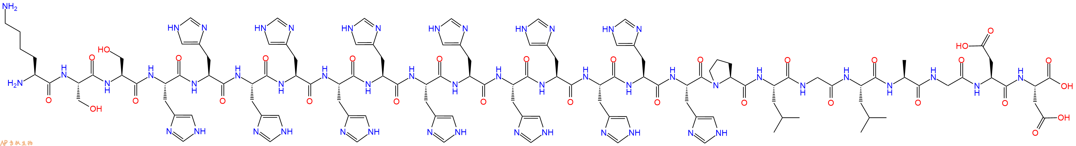 专肽生物产品H2N-Lys-Ser-Ser-His-His-His-His-His-His-His-His-His-His-His-His-His-Pro-Leu-Gly-Leu-Ala-Gly-Asp-Asp-OH