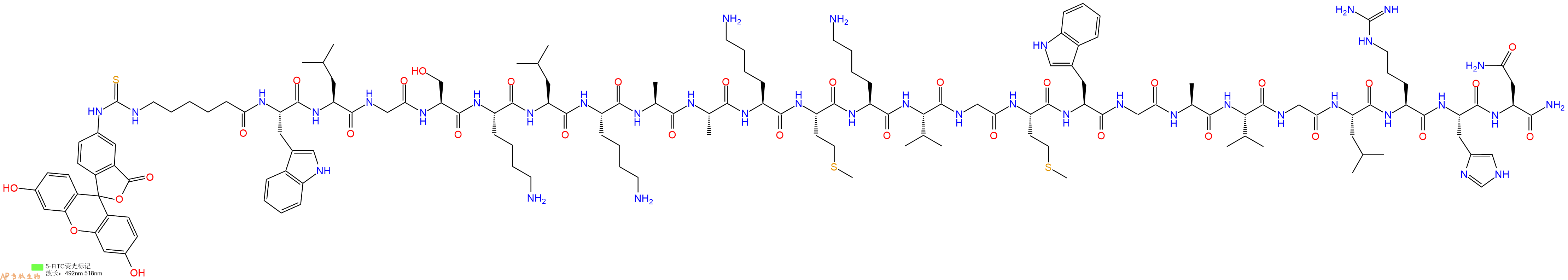 专肽生物产品5FITC-Ahx-Trp-Leu-Gly-Ser-Lys-Leu-Lys-Ala-Ala-Lys-Met-Lys-Val-Gly-Met-Trp-Gly-Ala-Val-Gly-Leu-Arg-His-Asn-CONH2