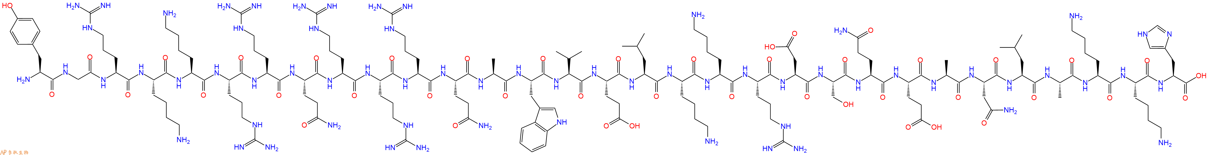 专肽生物产品H2N-Tyr-Gly-Arg-Lys-Lys-Arg-Arg-Gln-Arg-Arg-Arg-Gln-Ala-Trp-Val-Glu-Leu-Lys-Lys-Arg-Asp-Ser-Gln-Glu-Ala-Asn-Leu-Ala-Lys-Lys-His-OH