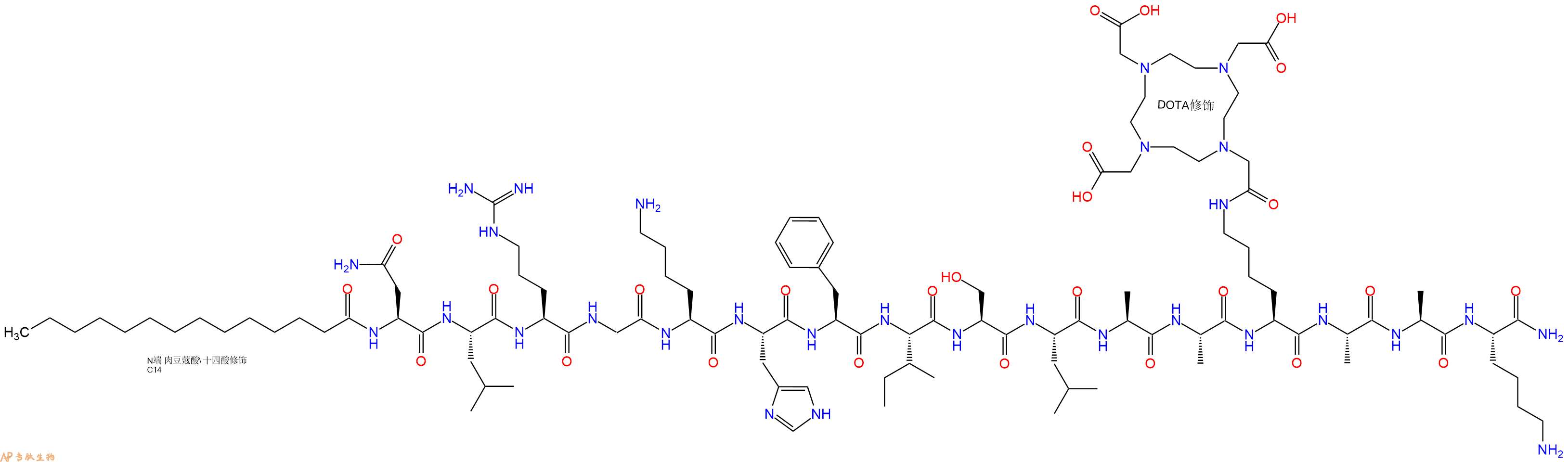 专肽生物产品Myristicacid-Asn-Leu-Arg-Gly-Lys-His-Phe-Ile-Ser-Leu-Ala-Ala-Lys(DOTA)-Ala-Ala-Lys-CONH2