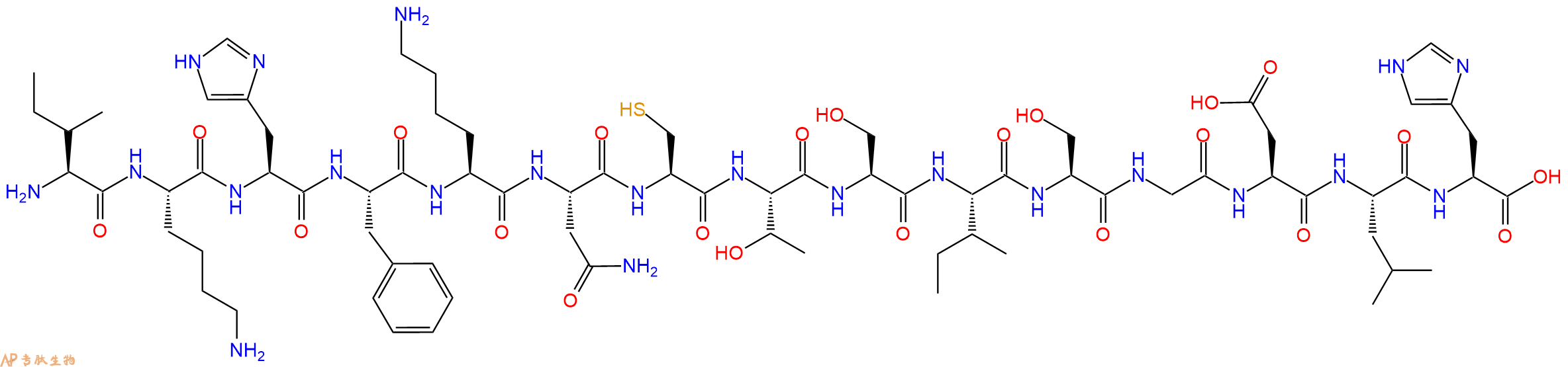 专肽生物产品H2N-Ile-Lys-His-Phe-Lys-Asn-Cys-Thr-Ser-Ile-Ser-Gly-Asp-Leu-His-OH