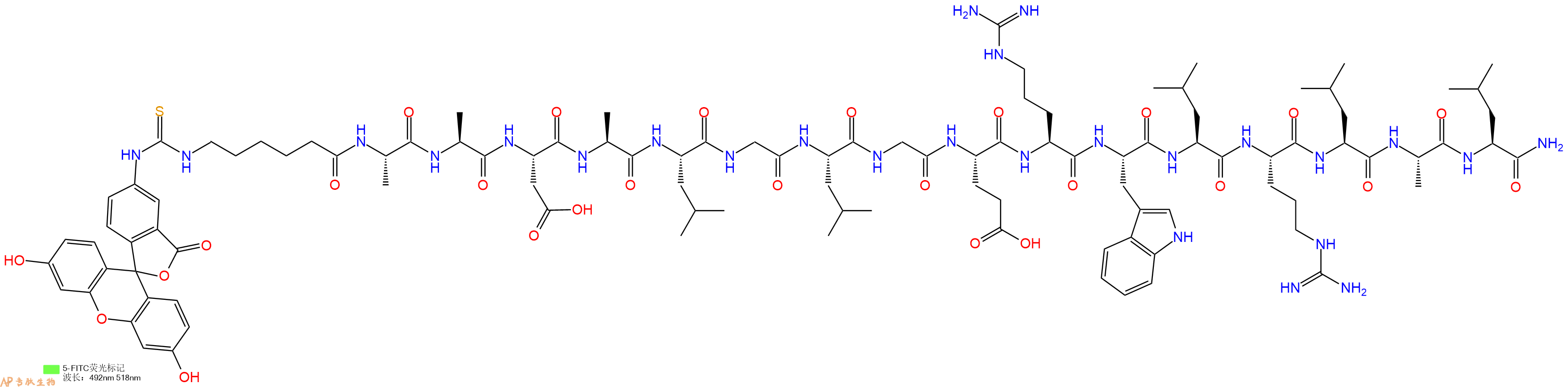 专肽生物产品5FITC-Ahx-Ala-Ala-Asp-Ala-Leu-Gly-Leu-Gly-Glu-Arg-Trp-Leu-Arg-Leu-Ala-Leu-CONH2