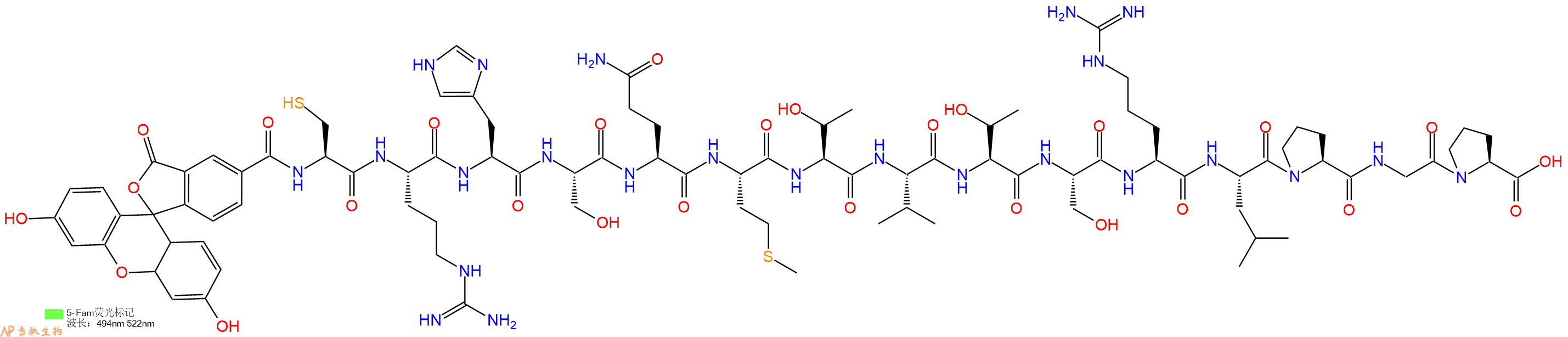 专肽生物产品5FAM-Cys-Arg-His-Ser-Gln-Met-Thr-Val-Thr-Ser-Arg-Leu-Pro-Gly-Pro-OH