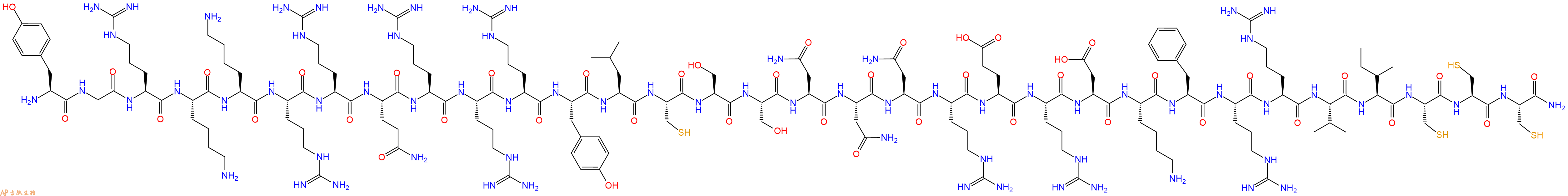 专肽生物产品H2N-Tyr-Gly-Arg-Lys-Lys-Arg-Arg-Gln-Arg-Arg-Arg-Tyr-Leu-Cys-Ser-Ser-Asn-Asn-Asn-Arg-Glu-Arg-Asp-Lys-Phe-Arg-Arg-Val-Ile-Cys-Cys-Cys-CONH2