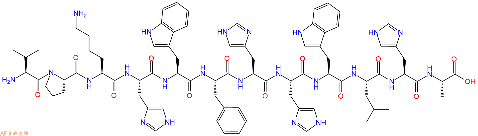 专肽生物产品H2N-Val-Pro-Lys-His-Trp-Phe-His-His-Trp-Leu-His-Ala-OH