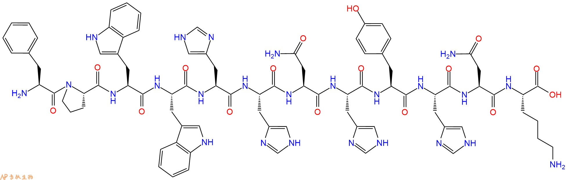 专肽生物产品H2N-Phe-Pro-Trp-Trp-His-His-Asn-His-Tyr-His-Asn-Lys-OH