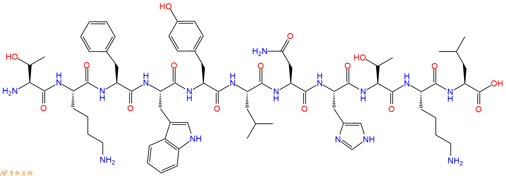 专肽生物产品H2N-Thr-Lys-Phe-Trp-Tyr-Leu-Asn-His-Thr-Lys-Leu-OH
