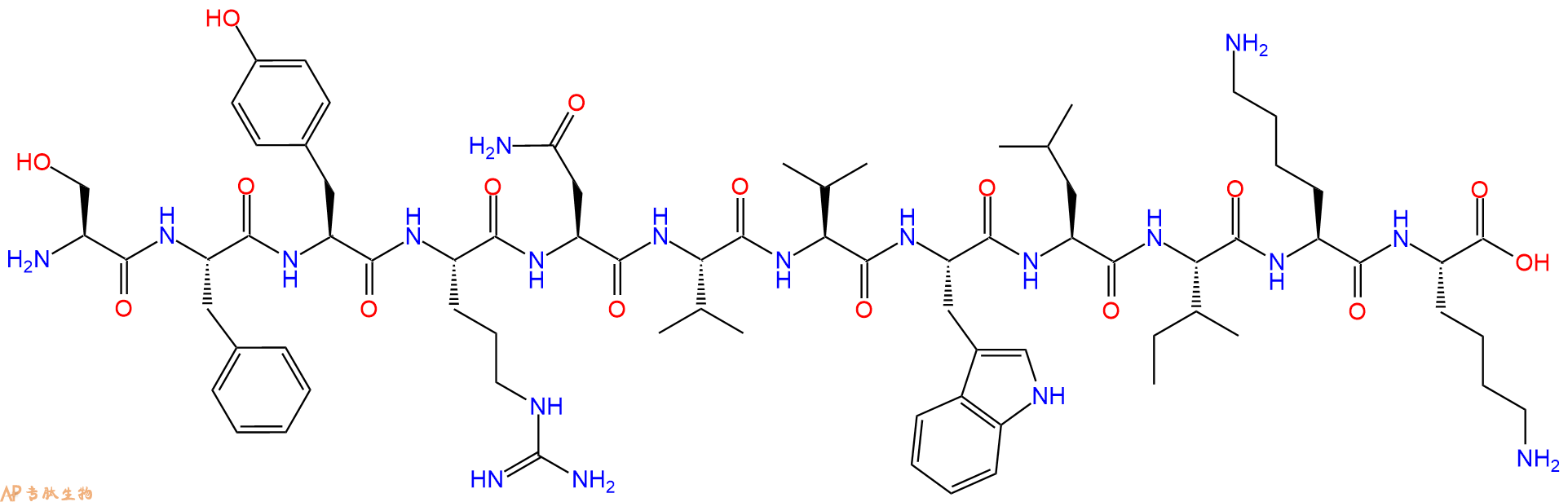 专肽生物产品H2N-Ser-Phe-Tyr-Arg-Asn-Val-Val-Trp-Leu-Ile-Lys-Lys-OH