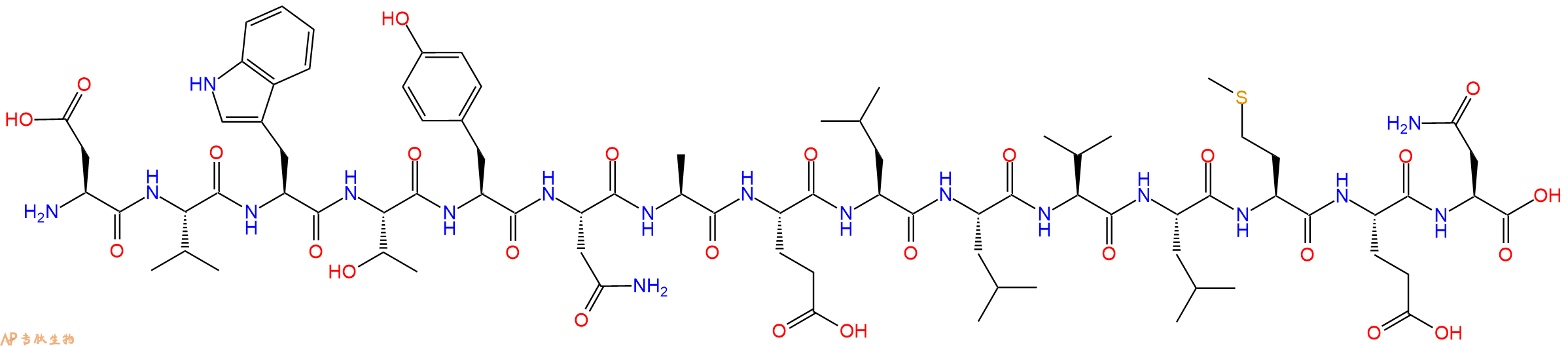 专肽生物产品H2N-Asp-Val-Trp-Thr-Tyr-Asn-Ala-Glu-Leu-Leu-Val-Leu-Met-Glu-Asn-OH