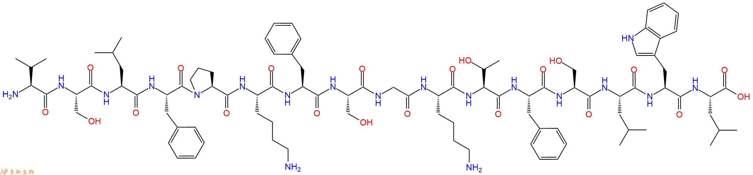 专肽生物产品H2N-Val-Ser-Leu-Phe-Pro-Lys-Phe-Ser-Gly-Lys-Thr-Phe-Ser-Leu-Trp-Leu-OH
