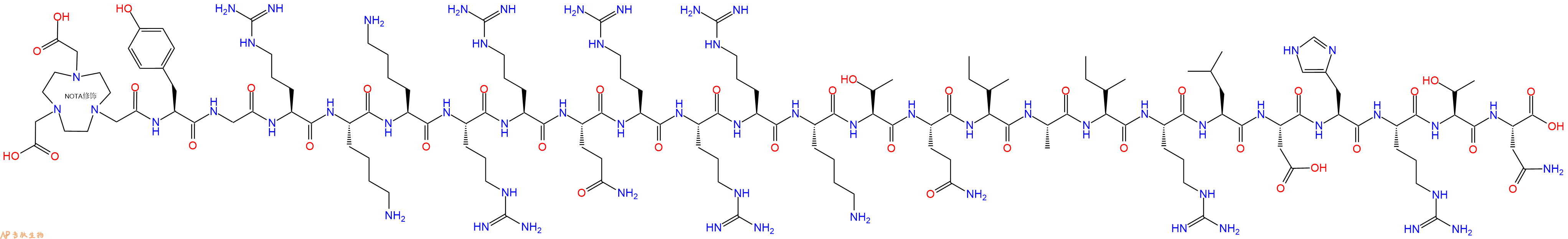 专肽生物产品NOTA-Tyr-Gly-Arg-Lys-Lys-Arg-Arg-Gln-Arg-Arg-Arg-Lys-Thr-Gln-Ile-Ala-Ile-Arg-Leu-Asp-His-Arg-Thr-Asn-OH