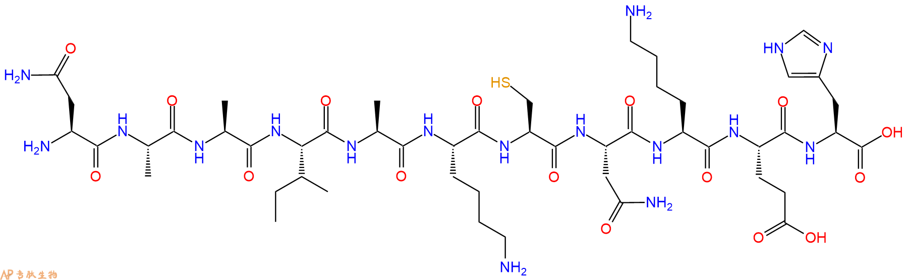 专肽生物产品H2N-Asn-Ala-Ala-Ile-Ala-Lys-Cys-Asn-Lys-Glu-His-OH
