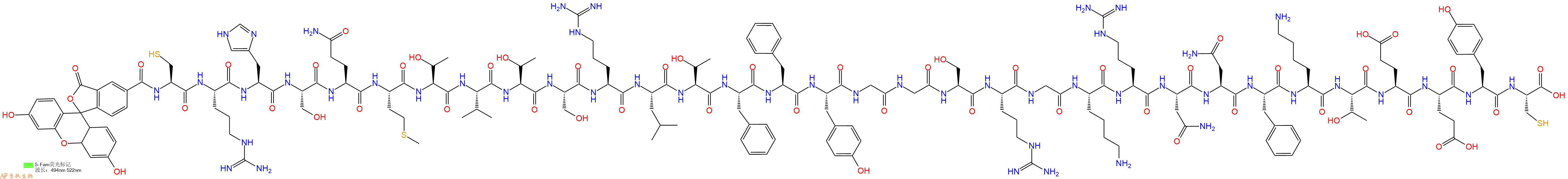 专肽生物产品5FAM-Cys-Arg-His-Ser-Gln-Met-Thr-Val-Thr-Ser-Arg-Leu-Thr-Phe-Phe-Tyr-Gly-Gly-Ser-Arg-Gly-Lys-Arg-Asn-Asn-Phe-Lys-Thr-Glu-Glu-Tyr-Cys-OH