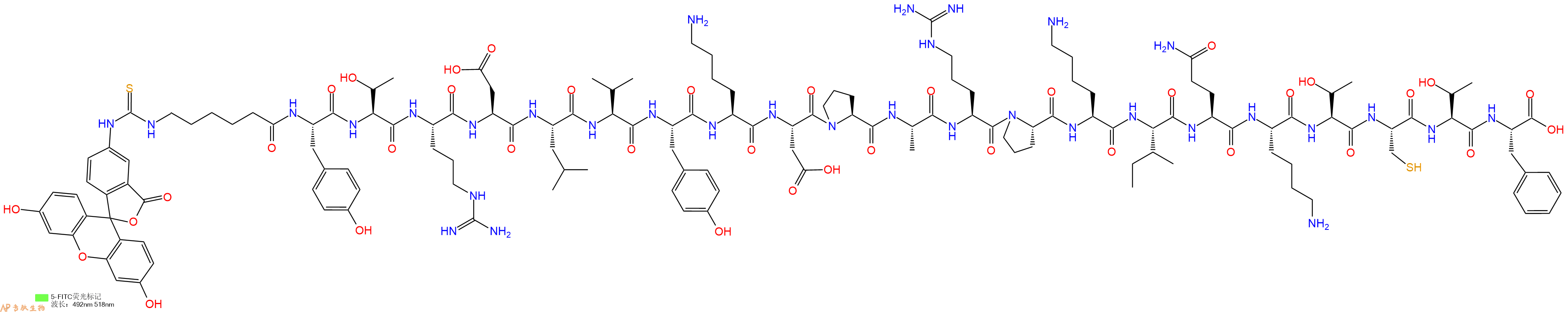 专肽生物产品5FITC-Ahx-Tyr-Thr-Arg-Asp-Leu-Val-Tyr-Lys-Asp-Pro-Ala-Arg-Pro-Lys-Ile-Gln-Lys-Thr-Cys-Thr-Phe-OH