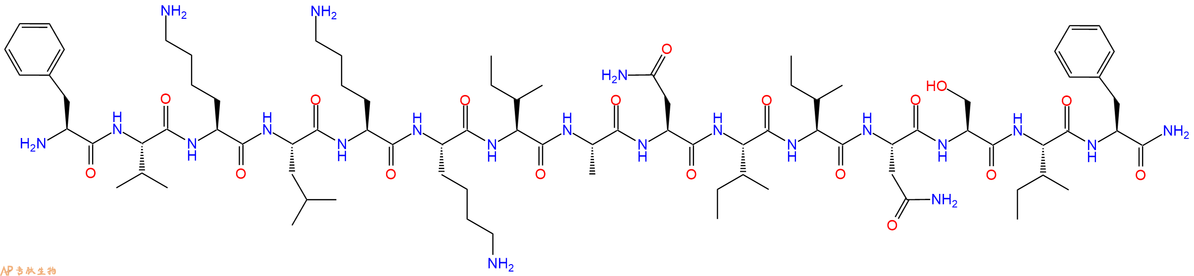 专肽生物产品H2N-Phe-Val-Lys-Leu-Lys-Lys-Ile-Ala-Asn-Ile-Ile-Asn-Ser-Ile-Phe-CONH2