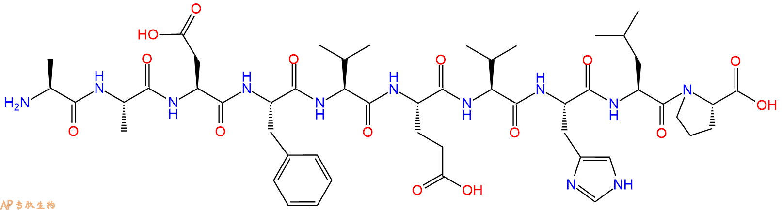 专肽生物产品H2N-Ala-Ala-Asp-Phe-Val-Glu-Val-His-Leu-Pro-OH