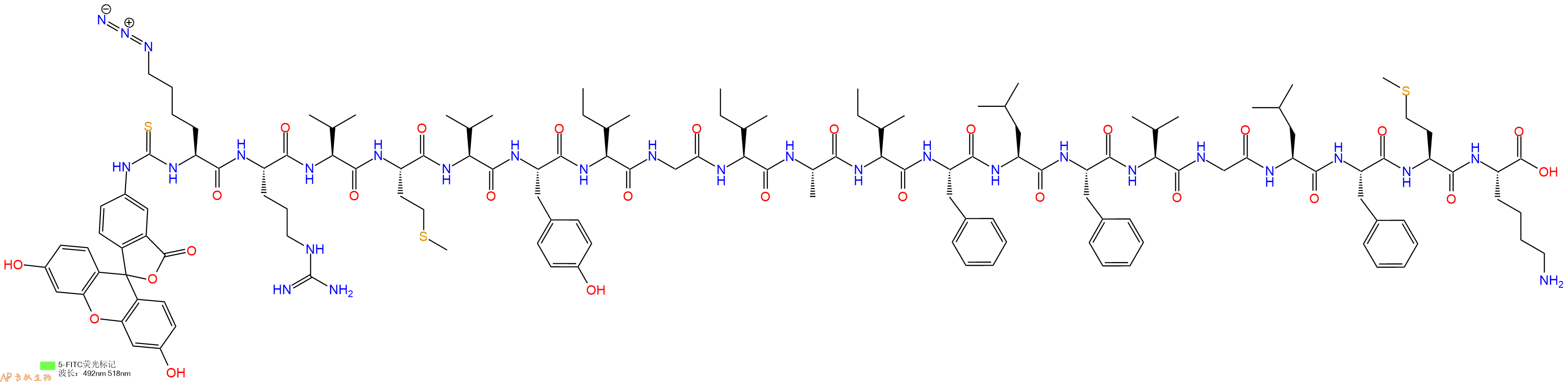 专肽生物产品5FITC-Lys(N3)-Arg-Val-Met-Val-Tyr-Ile-Gly-Ile-Ala-Ile-Phe-Leu-Phe-Val-Gly-Leu-Phe-Met-Lys-OH