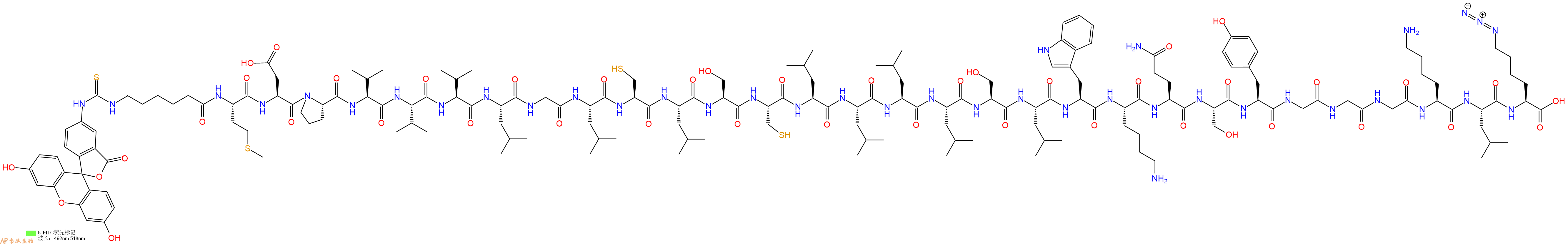 专肽生物产品5FITC-Ahx-Met-Asp-Pro-Val-Val-Val-Leu-Gly-Leu-Cys-Leu-Ser-Cys-Leu-Leu-Leu-Leu-Ser-Leu-Trp-Lys-Gln-Ser-Tyr-Gly-Gly-Gly-Lys-Leu-Lys(N3)-OH