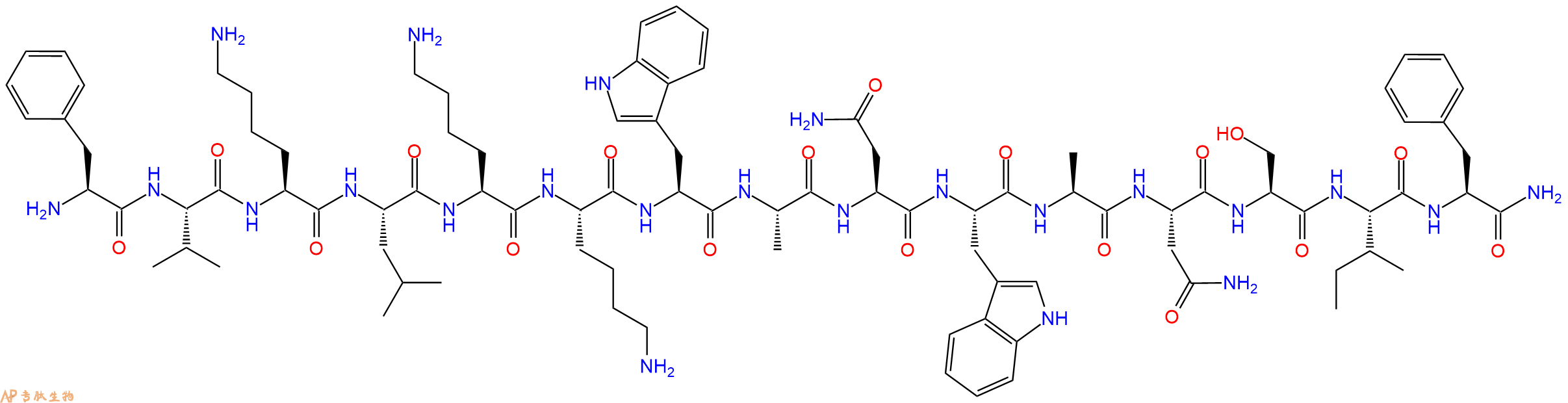 专肽生物产品H2N-Phe-Val-Lys-Leu-Lys-Lys-Trp-Ala-Asn-Trp-Ala-Asn-Ser-Ile-Phe-CONH2