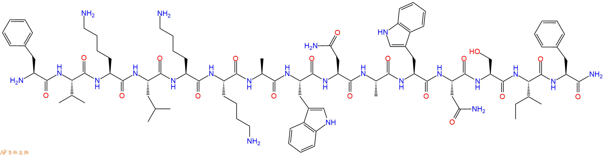 专肽生物产品H2N-Phe-Val-Lys-Leu-Lys-Lys-Ala-Trp-Asn-Ala-Trp-Asn-Ser-Ile-Phe-CONH2