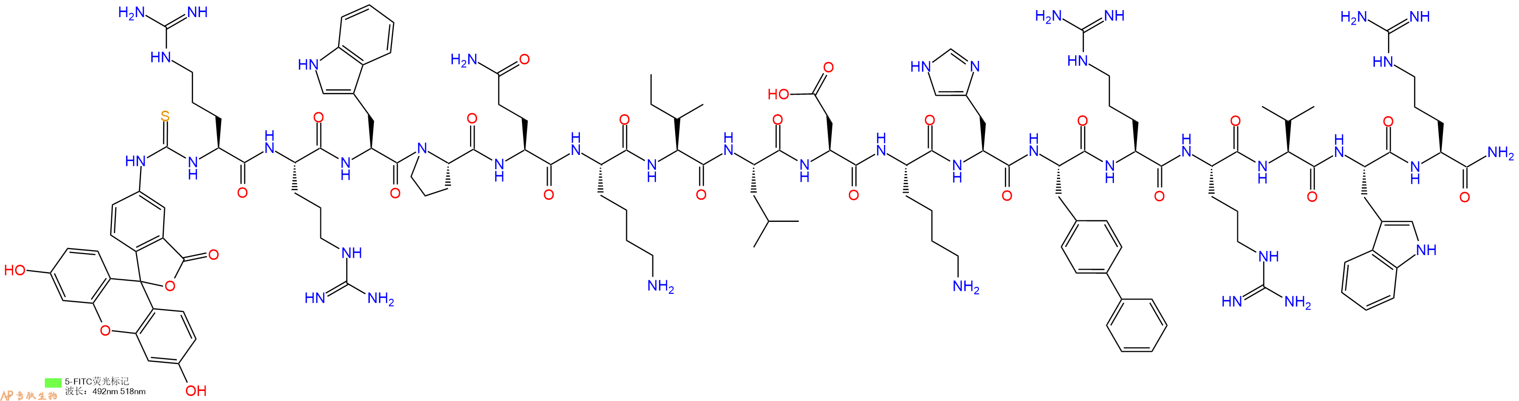 专肽生物产品5FITC-Arg-Arg-Trp-Pro-Gln-Lys-Ile-Leu-Asp-Lys-His-Bip-Arg-Arg-Val-Trp-Arg-CONH2