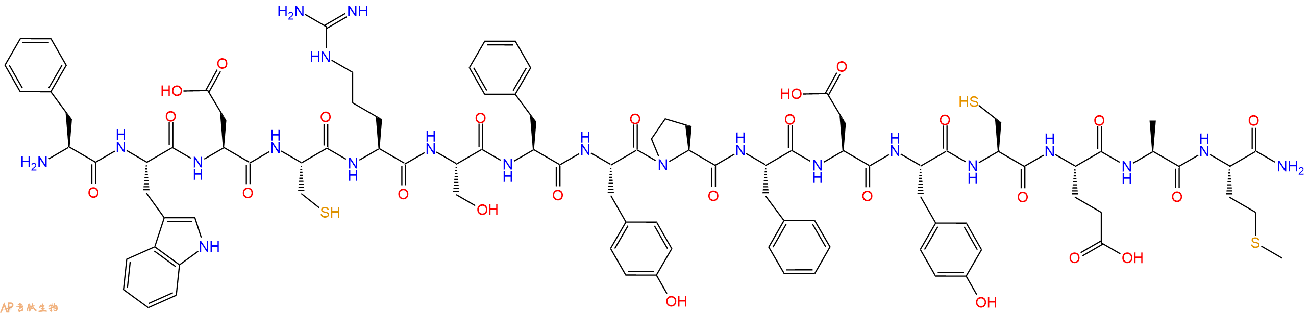 专肽生物产品H2N-Phe-Trp-Asp-Cys-Arg-Ser-Phe-Tyr-Pro-Phe-Asp-Tyr-Cys-Glu-Ala-Met-CONH2